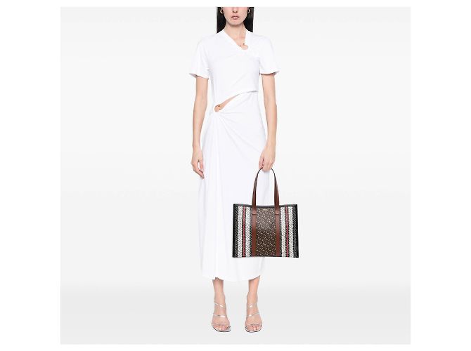 Borsa Book Tote Burberry TB Monogram E Canvas Stripe Marrone - vista 6