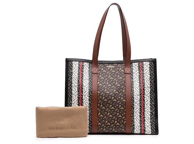 Borsa Book Tote Burberry TB Monogram E Canvas Stripe Marrone - vista 7