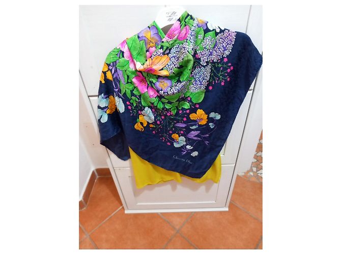 Foulard in seta Christian Dior stampa floreale Rosa Bianco Blu Verde Arancione Porpora Giallo - vista 7