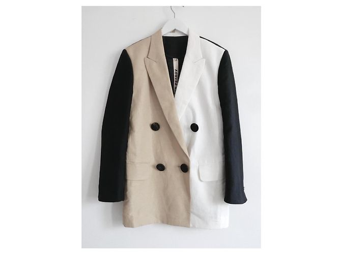 Petar Petrov Blazer Oversized de Lino Colourblock Negro Blanco Beige - vista 3