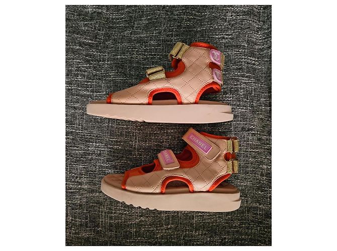 Sandali platform Chanel in pelle matelassé e camoscio Beige Arancione - vista 6