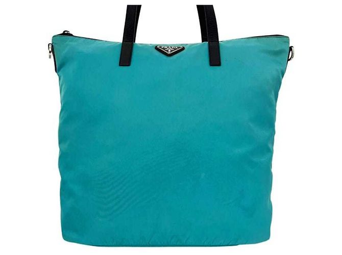 Borsa Tote Prada in nylon azzurro e pelle Blu chiaro - vista 8