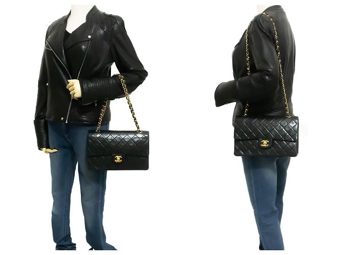 Borsa a tracolla con catena CHANEL Classic Double Flap 10" in pelle d'agnello nera Nero - vista 12