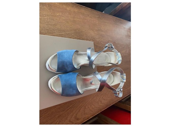 Sandali con zeppa Hogan in camoscio blu e pelle argentata Argento - vista 2