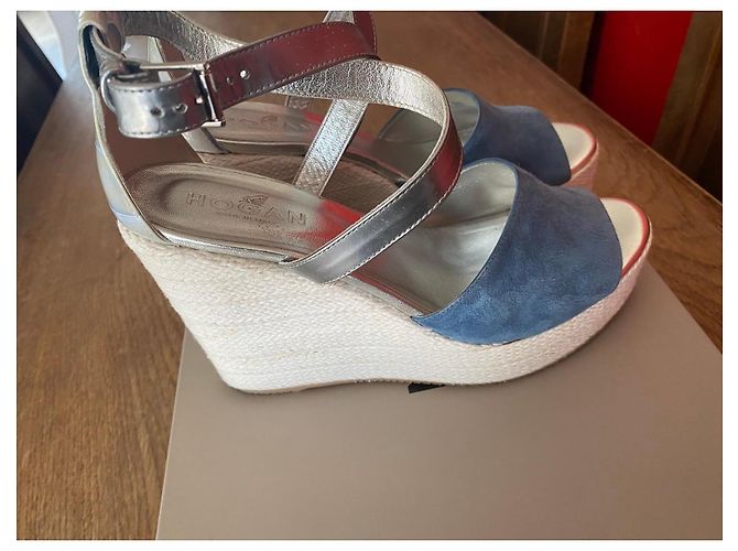 Sandali con zeppa Hogan in camoscio blu e pelle argentata Argento - vista 3
