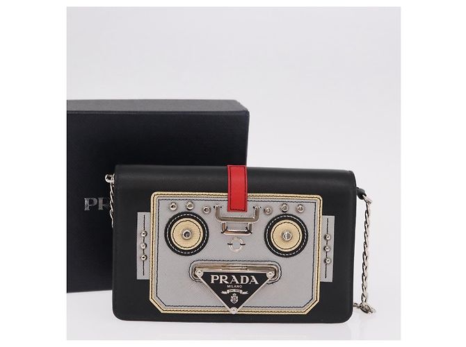 PRADA Robot Chain Shoulder Bag Saffiano Black Silver - vista 12