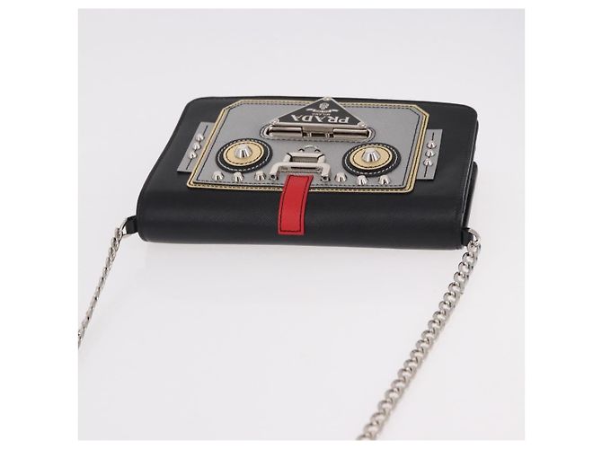 PRADA Robot Chain Shoulder Bag Saffiano Black Silver - vista 6