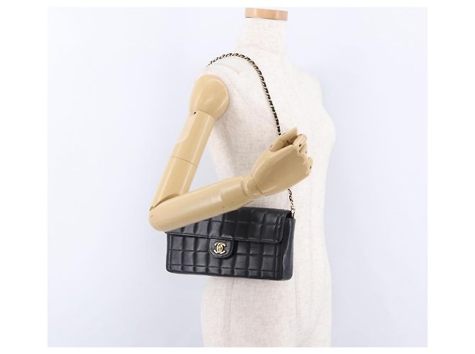 CHANEL Choco Bar Line Chain Shoulder Bag Leather Black Gold CC - vista 25
