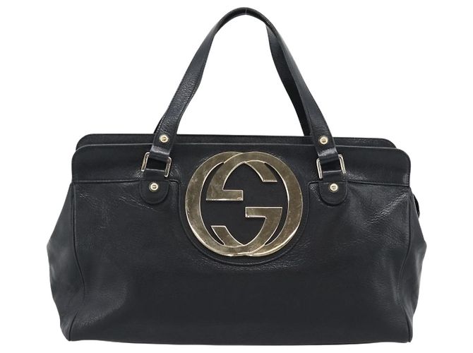 GUCCI Interlocking G Hand Bag Leather Black Gold Tone 131445 - vista 2