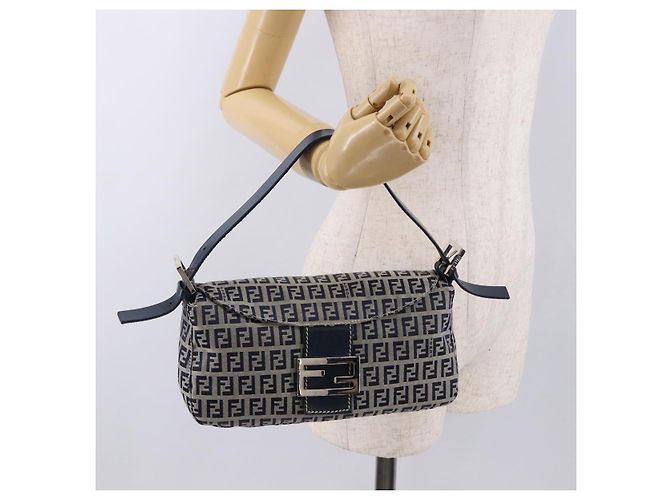 FENDI Zucchino Canvas Mamma Baguette Shoulder Bag Navy Silver - vista 26