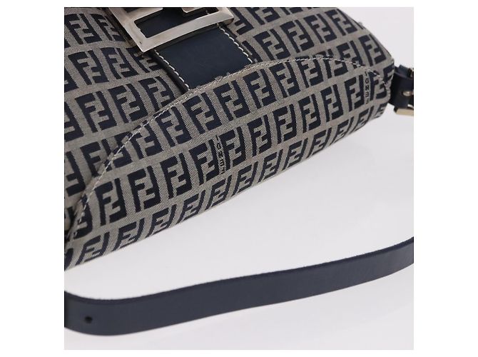 FENDI Zucchino Canvas Mamma Baguette Shoulder Bag Navy Silver - vista 7