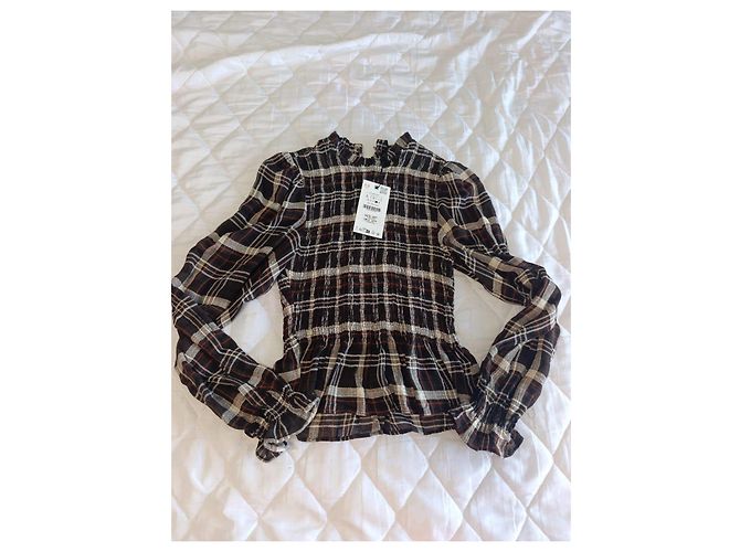 Zara Karomuster Popeline-Bluse Braun Weiß - Ansicht 6