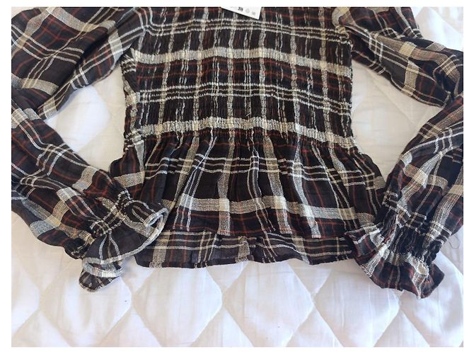 Zara Karomuster Popeline-Bluse Braun Weiß - Ansicht 9