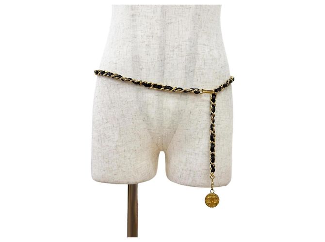 Chanel Vintage Leder-Kettengürtel mit Coco Mark Medaillen-Motiv Schwarz Golden - Ansicht 3