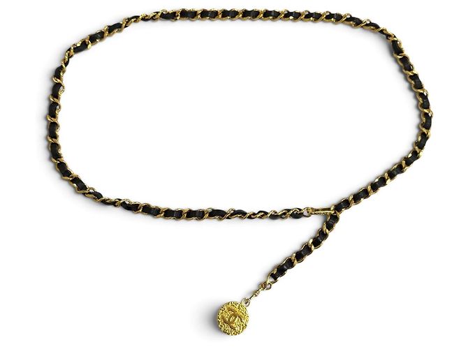 Chanel Vintage Leder-Kettengürtel mit Coco Mark Medaillen-Motiv Schwarz Golden - Ansicht 4
