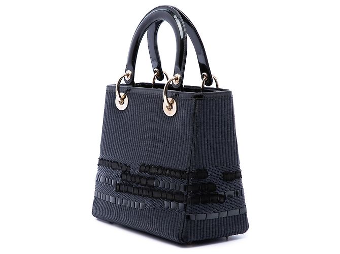 Dior Lady Dior aus schwarzem gewebtem Canvas Medium mit Lackleder-Besatz - Ansicht 2