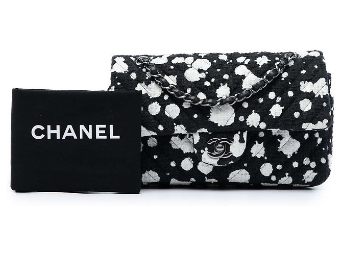 Chanel Black Medium Chevron Tweed Paint Splatter Double Flap Nero - vista 7