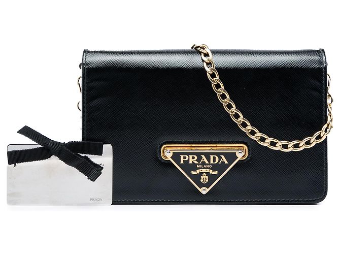 Clutch Prada Black Saffiano Vernice con chiusura a scatto e catena Nero - vista 6