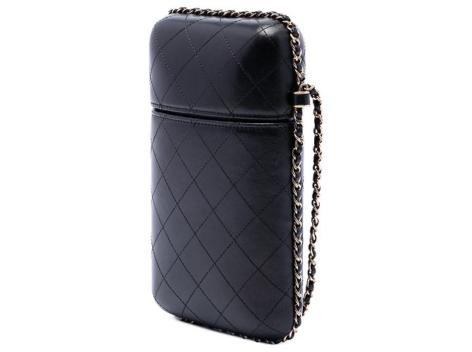 Portacellulare con catena in pelle d'agnello matelassé e borchie CC nero Chanel - vista 2
