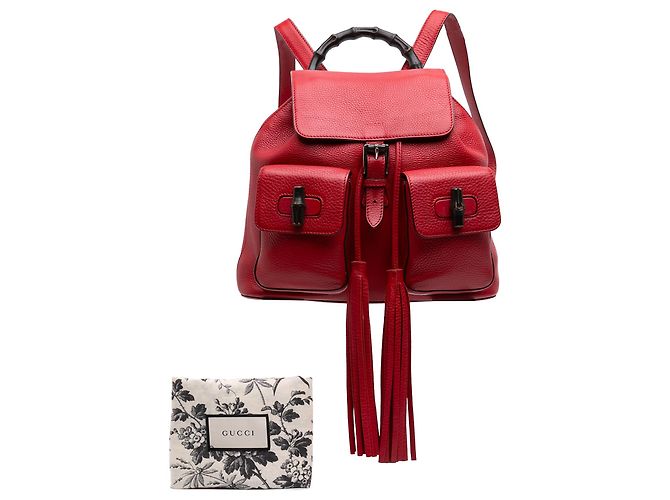 Bamboo Mochila Gucci de piel de becerro roja con borla de bambú y cordón ajustable - vista 7