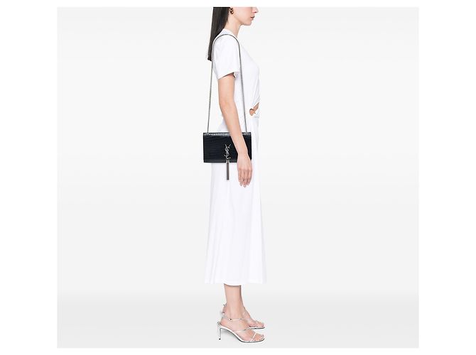 Saint Laurent Borsa a Tracolla Kate Tassel in Pelle Effetto Coccodrillo Nera Medium Monogram Nero - vista 6