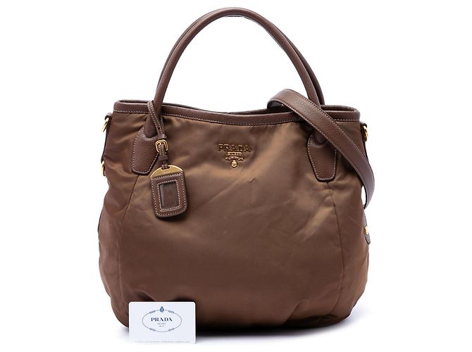Borsa satchel Prada in Tessuto con rifiniture in Vitello Daino marrone - vista 7