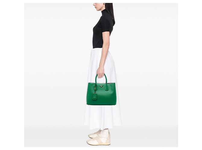 Prada Borsa Satchel Doppia Grande in Pelle Saffiano Verde - vista 6