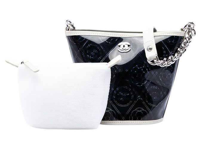 Borsa a secchiello Chanel Coco Camellia Small in PVC nero e vitello stropicciato - vista 7
