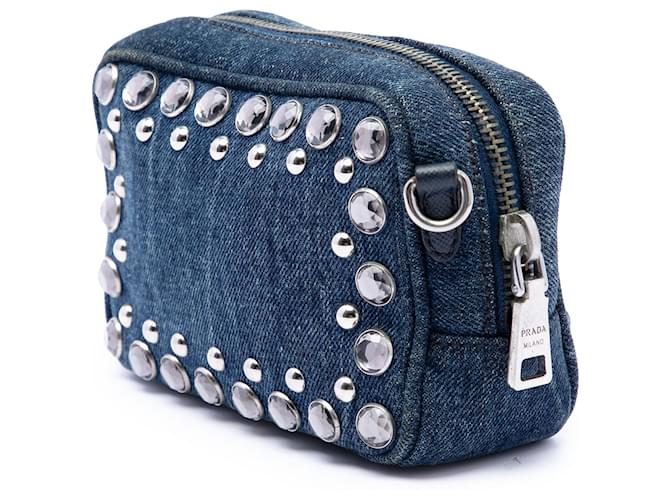 Prada Borsa Camera Mini in Denim Blu con Borchie Bijoux - vista 2