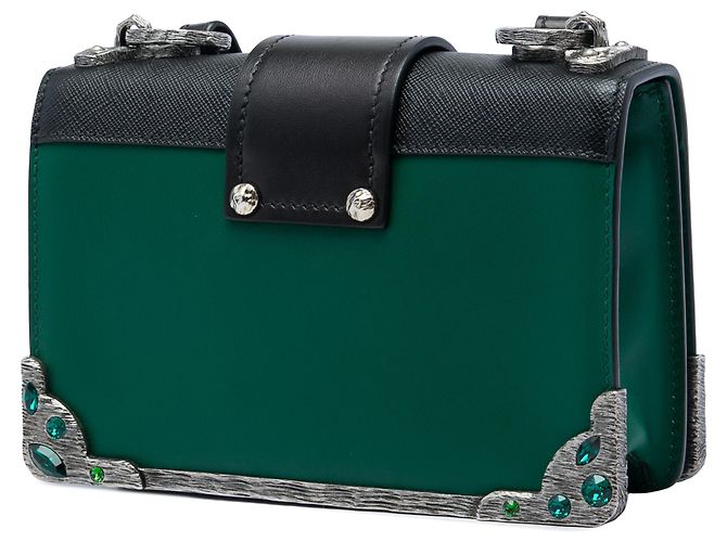Borsa a tracolla Prada Cahier in vitello City con rifiniture in Saffiano verde e cristalli - vista 2