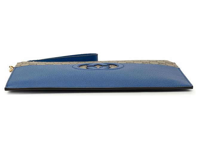 Clutch Gucci Blue GG Supreme e pelle di vitello con G intrecciate traforate - vista 3