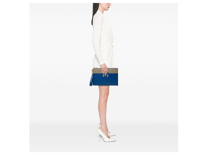 Clutch Gucci Blue GG Supreme e pelle di vitello con G intrecciate traforate - vista 6