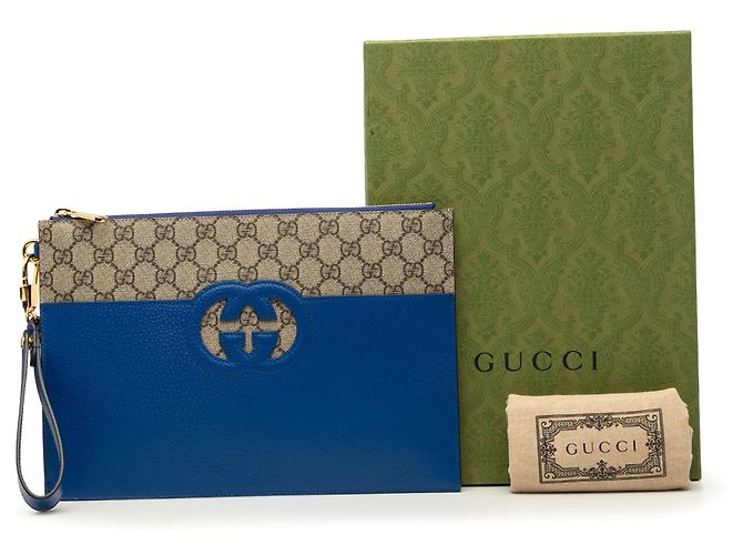 Clutch Gucci Blue GG Supreme e pelle di vitello con G intrecciate traforate - vista 7