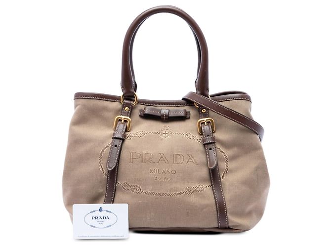 Bow Borsa Satchel Prada in tela Canapa beige con logo e fiocco - vista 7