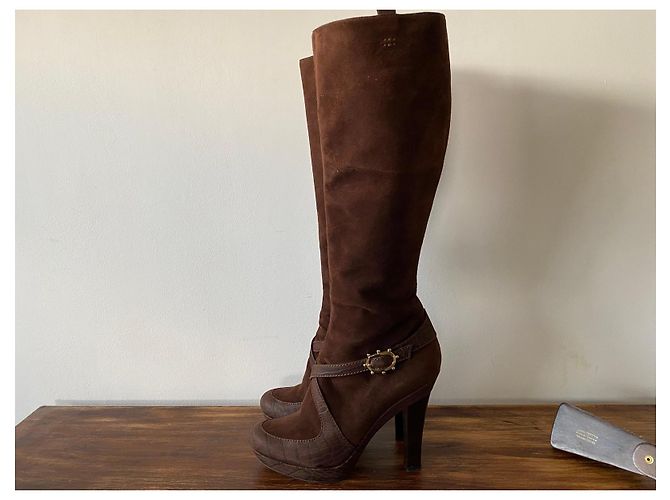 Botas altas Escada de ante marrón con cuero efecto coco Castaño - vista 9
