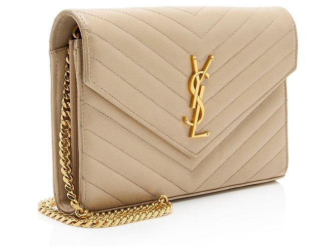 Cartera con cadena Saint Laurent Matelassé Grain de Poudre Monogram Castaño Beige - vista 2
