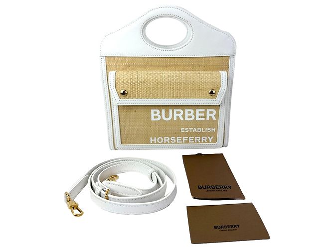 Mini borsa Pocket Burberry in pelle bianca e rafia naturale Bianco - vista 2