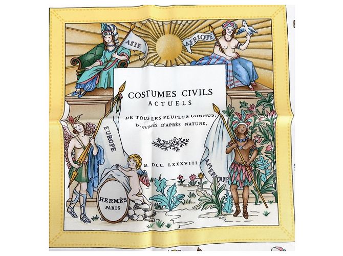 Hermès Foulard Hermes Carre 90 Costumes for Modern Citizens Bianco Blu Giallo - vista 4