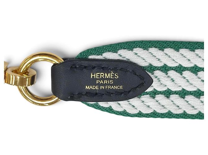 Hermès Hermes Schultergurt aus Leder und Canvas Weiß Grün - Ansicht 5