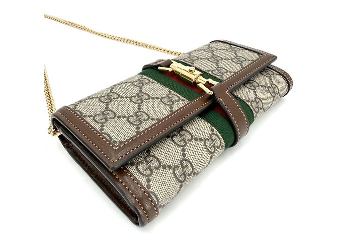 Portafoglio a Spalla con Catena Gucci Marrone Beige - vista 3