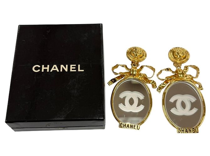 Boucles d'oreilles miroir ruban Coco Mark rares en métal vintage CHANEL Doré - vue 2