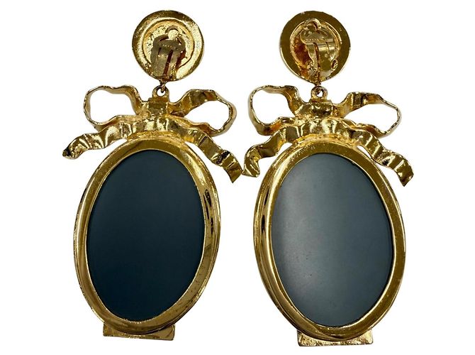 Boucles d'oreilles miroir ruban Coco Mark rares en métal vintage CHANEL Doré - vue 4