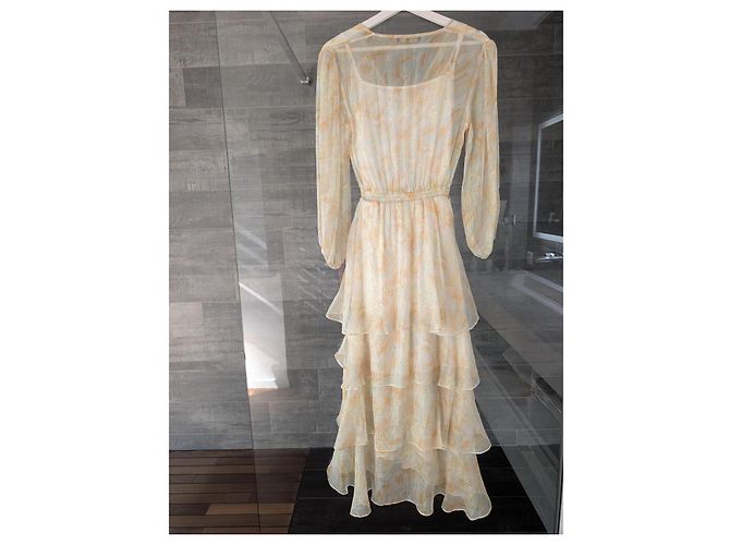 Maje Rufflino Maxikleid mit Rüschen und Blumenprint Weiß Beige Gelb Metallisch - Ansicht 6