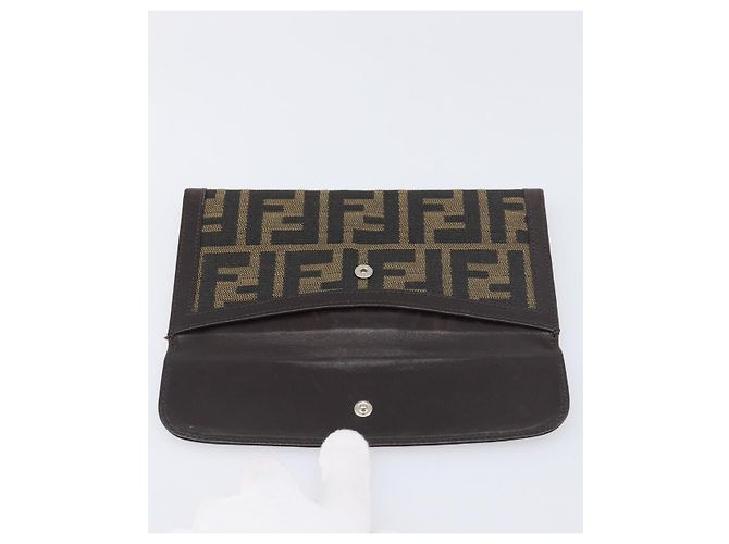 Cartera larga FENDI Zucca Canvas Negro Marrón Auth 199787A Castaño - vista 8