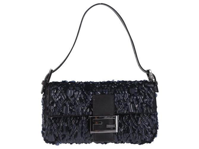 Borsa a tracolla FENDI Mamma Baguette Canvas Sequin Black Auth 197205SM Nero - vista 13