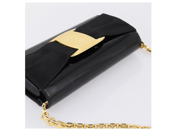Borsa a tracolla Salvatore Ferragamo Vala Chain Patent Black Gold Tone Auth 199006 Nero - vista 6