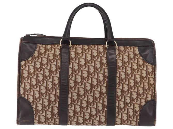 Borsa Boston Christian Dior Trotter Canvas Beige Gold Auth 197709 D'oro - vista 13
