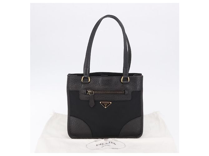 Borsa Tote PRADA Nylon Pelle Nero Tono Oro Auth am12459V - vista 12