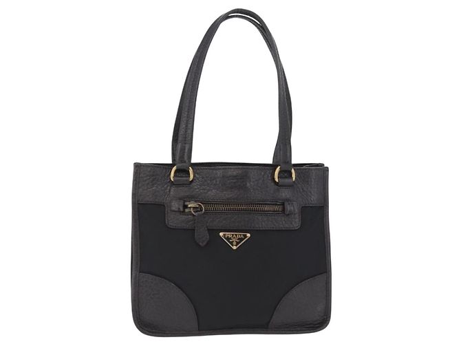 Borsa Tote PRADA Nylon Pelle Nero Tono Oro Auth am12459V - vista 13
