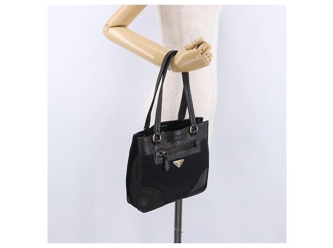 Borsa Tote PRADA Nylon Pelle Nero Tono Oro Auth am12459V - vista 26